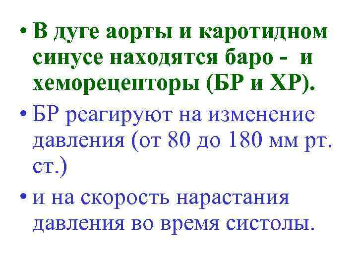  • В дуге аорты и каротидном синусе находятся баро - и хеморецепторы (БР