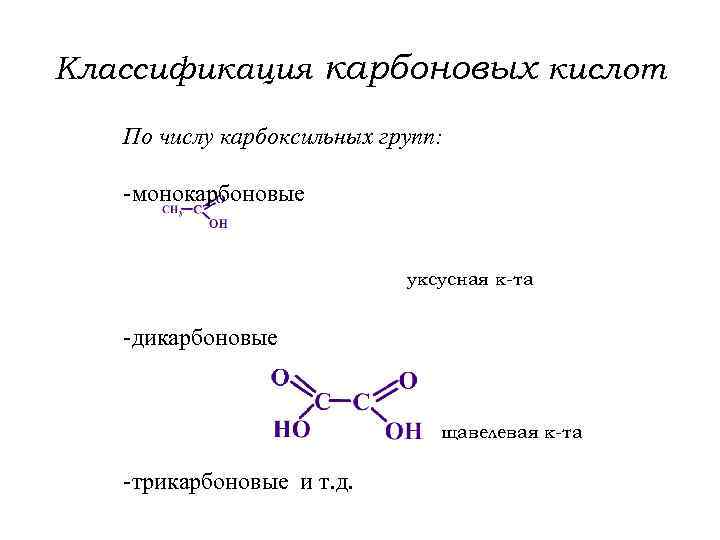 Классификация карбоновых кислот По числу карбоксильных групп: -монокарбоновые уксусная к-та -дикарбоновые щавелевая к-та -трикарбоновые