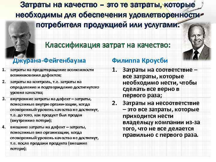 Затраты на качество – это те затраты, которые необходимы для обеспечения удовлетворенности потребителя продукцией