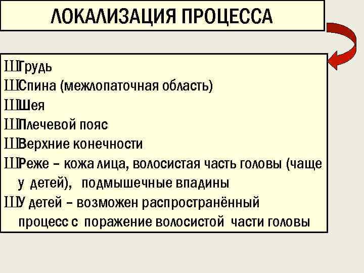 ЛОКАЛИЗАЦИЯ ПРОЦЕССА ШГрудь ШСпина (межлопаточная область) ШШея ШПлечевой пояс ШВерхние конечности ШРеже – кожа
