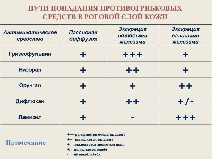 ПУТИ ПОПАДАНИЯ ПРОТИВОГРИБКОВЫХ СРЕДСТВ В РОГОВОЙ СЛОЙ КОЖИ Антимикотическое средство Пассивная диффузия Экскреция потовыми
