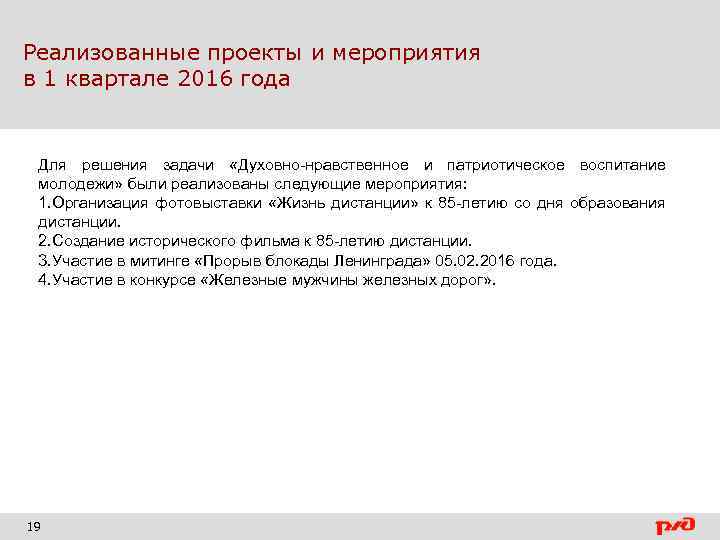 Реализованные проекты и мероприятия в 1 квартале 2016 года Для решения задачи «Духовно-нравственное и
