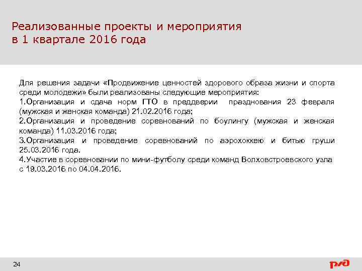 Реализованные проекты и мероприятия в 1 квартале 2016 года Для решения задачи «Продвижение ценностей