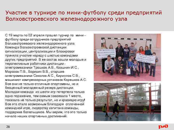 Участие в турнире по мини-футболу среди предприятий Волховстроевского железнодорожного узла С 19 марта по