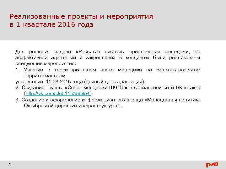 Реализованные проекты и мероприятия в 1 квартале 2016 года Для решения задачи «Развитие системы