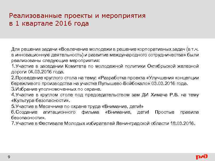 Реализованные проекты и мероприятия в 1 квартале 2016 года Для решения задачи «Вовлечение молодежи