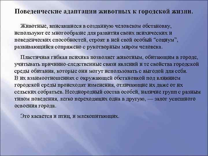 Животные, вписавшиеся в созданную человеком обстановку, используют ее многообразие для развития своих психических и