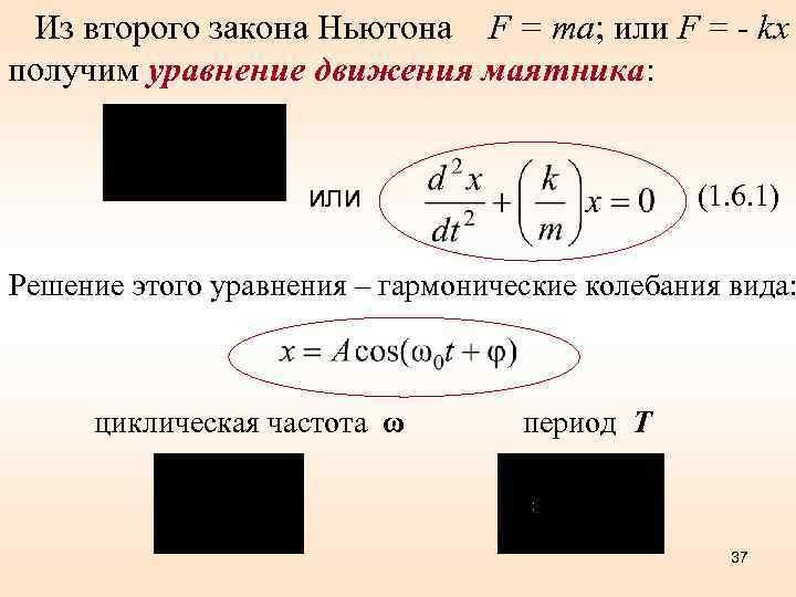 Из второго закона Ньютона F = mа; или F = - kx получим уравнение