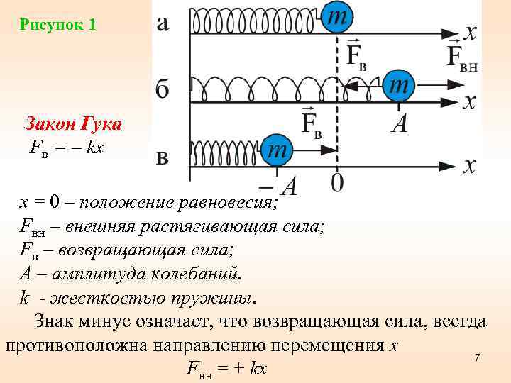Рисунок 1 Закон Гука Fв = – kx x = 0 – положение равновесия;