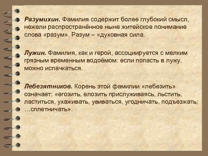 Разумихин. Фамилия содержит более глубокий смысл, нежели распространённое ныне житейское понимание слова «разум» .