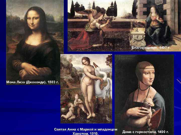 Благовещение, 1497 г. Мона Лиза (Джоконда), 1503 г. Святая Анна с Марией и младенцем