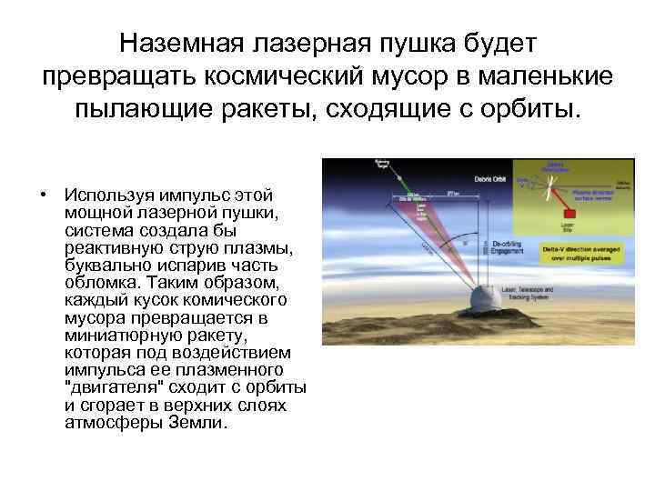 Наземная лазерная пушка будет превращать космический мусор в маленькие пылающие ракеты, сходящие с орбиты.