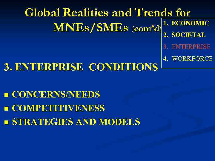 Global Realities and Trends for 1. ECONOMIC MNEs/SMEs (cont’d) 2. SOCIETAL 3. ENTERPRISE CONDITIONS