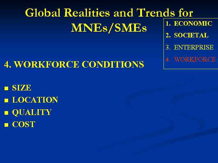 Global Realities and Trends for 1. ECONOMIC MNEs/SMEs 2. SOCIETAL 3. ENTERPRISE 4. WORKFORCE