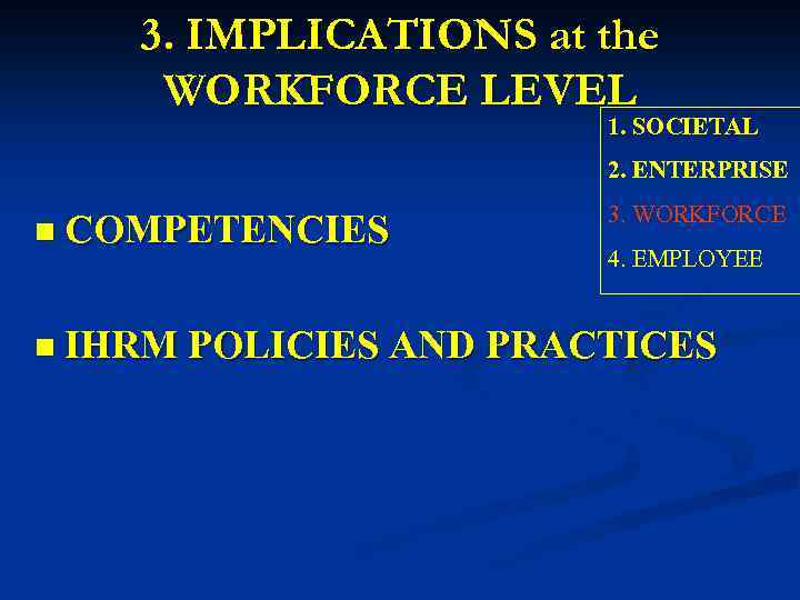 3. IMPLICATIONS at the WORKFORCE LEVEL 1. SOCIETAL 2. ENTERPRISE n COMPETENCIES 3. WORKFORCE