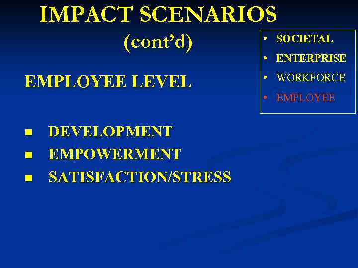 IMPACT SCENARIOS (cont’d) EMPLOYEE LEVEL n n n DEVELOPMENT EMPOWERMENT SATISFACTION/STRESS • SOCIETAL •