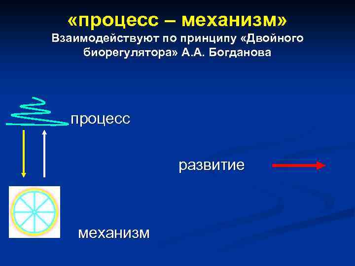  «процесс – механизм» Взаимодействуют по принципу «Двойного биорегулятора» А. А. Богданова процесс развитие