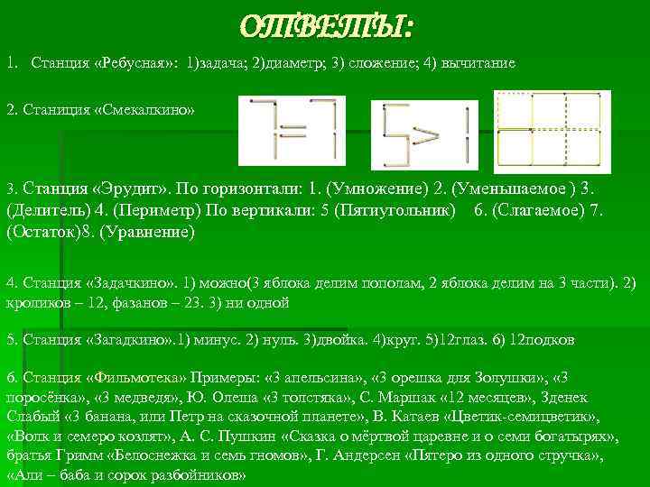 ОТВЕТЫ: 1. Станция «Ребусная» : 1)задача; 2)диаметр; 3) сложение; 4) вычитание 2. Станиция «Смекалкино»