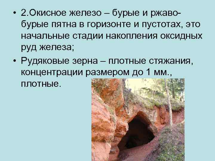  • 2. Окисное железо – бурые и ржавобурые пятна в горизонте и пустотах,
