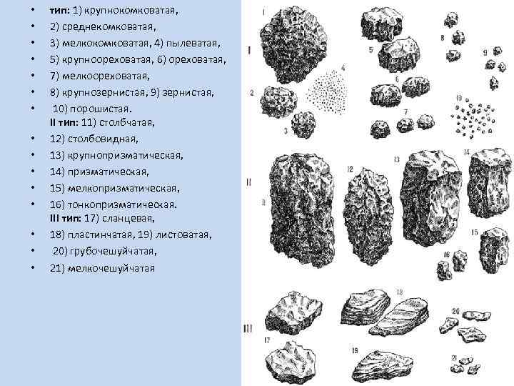  • • • • тип: 1) крупнокомковатая, 2) среднекомковатая, 3) мелкокомковатая, 4) пылеватая,