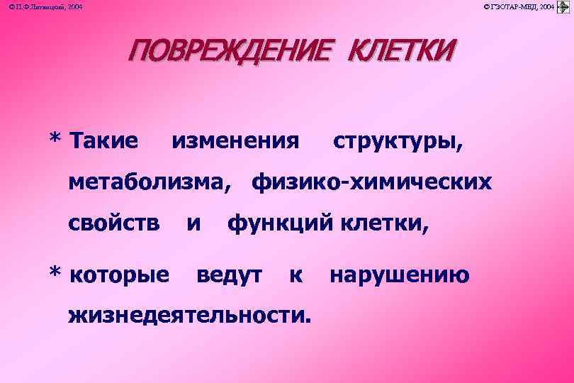 © П. Ф. Литвицкий, 2004 © ГЭОТАР-МЕД, 2004 ПОВРЕЖДЕНИЕ КЛЕТКИ * Такие изменения структуры,