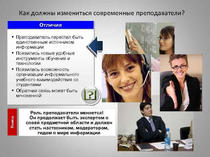 Как должны измениться современные преподаватели? Отличия Вывод § Преподаватель перестал быть единственным источником информации
