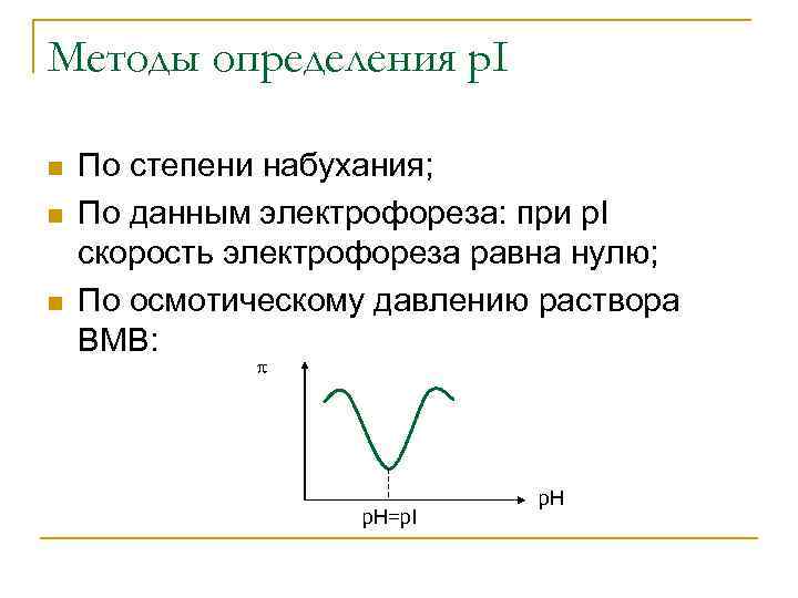 Методы определения р. I n n n По степени набухания; По данным электрофореза: при