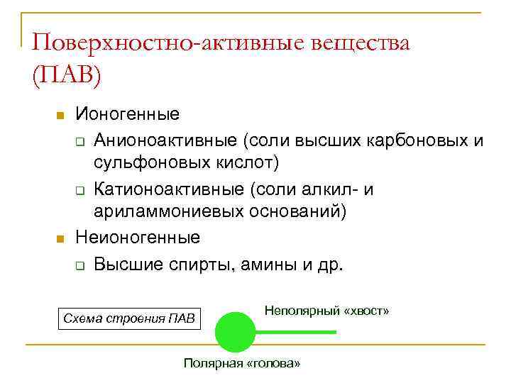 Поверхностно-активные вещества (ПАВ) n n Ионогенные q Анионоактивные (соли высших карбоновых и сульфоновых кислот)