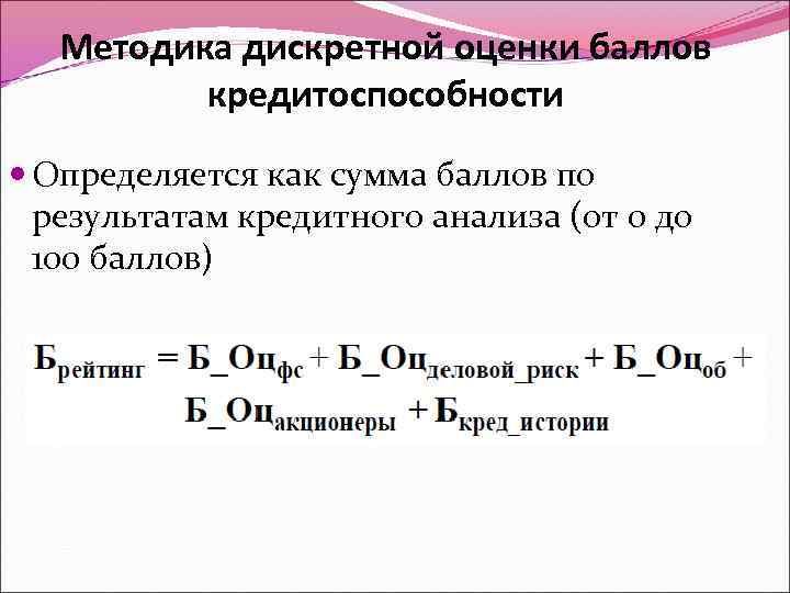 Методика дискретной оценки баллов кредитоспособности Определяется как сумма баллов по результатам кредитного анализа (от