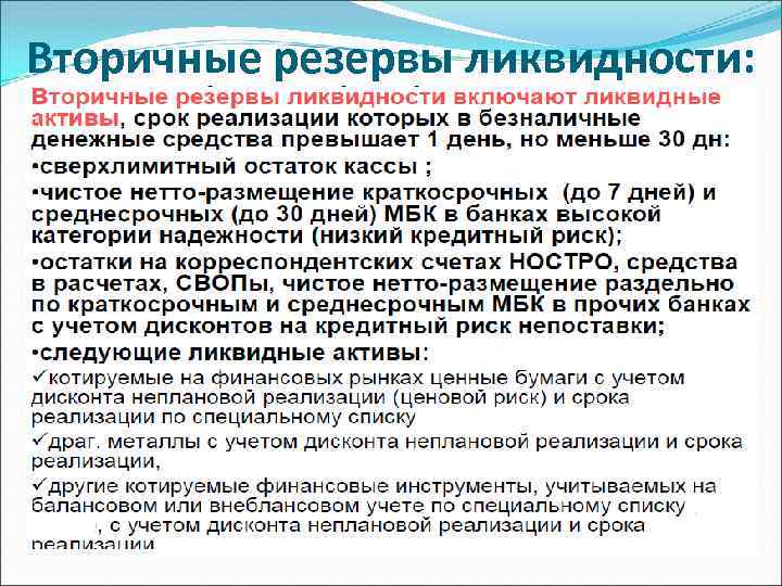 Вторичные резервы ликвидности: 