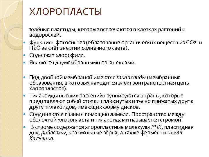 ХЛОРОПЛАСТЫ зелёные пластиды, которые встречаются в клетках растений и водорослей. Функция: фотосинтез (образование органических