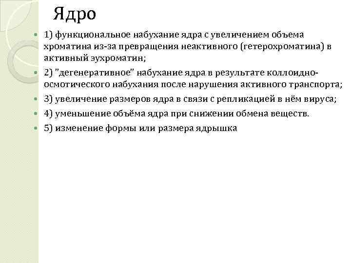 Ядро 1) функциональное набухание ядра с увеличением объема хроматина из-за превращения неактивного (гетерохроматина) в