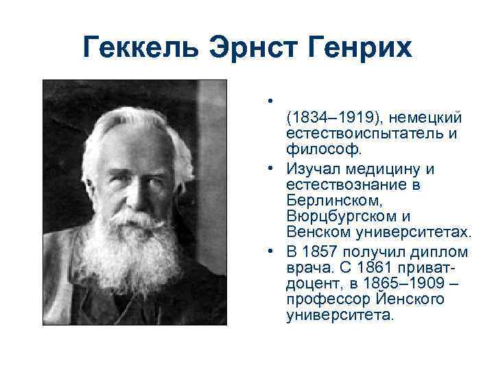 Геккель Эрнст Генрих • (1834– 1919), немецкий естествоиспытатель и философ. • Изучал медицину и