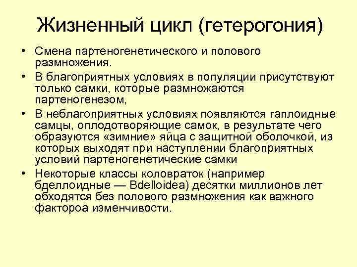 Жизненный цикл (гетерогония) • Смена партеногенетического и полового размножения. • В благоприятных условиях в