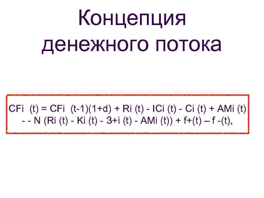 Концепция денежного потока CFi (t) = CFi (t-1)(1+d) + Ri (t) - ICi (t)