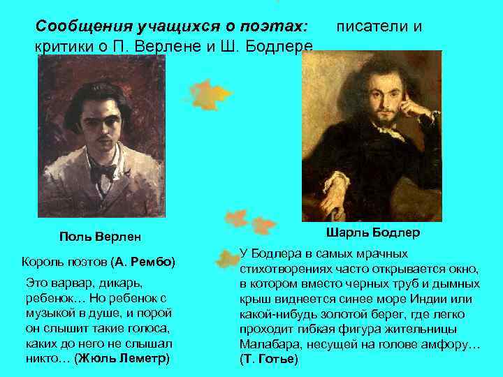 Сообщения учащихся о поэтах: писатели и критики о П. Верлене и Ш. Бодлере. Поль