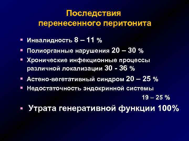 Последствия перенесенного перитонита § Инвалидность 8 – 11 % § Полиорганные нарушения 20 –