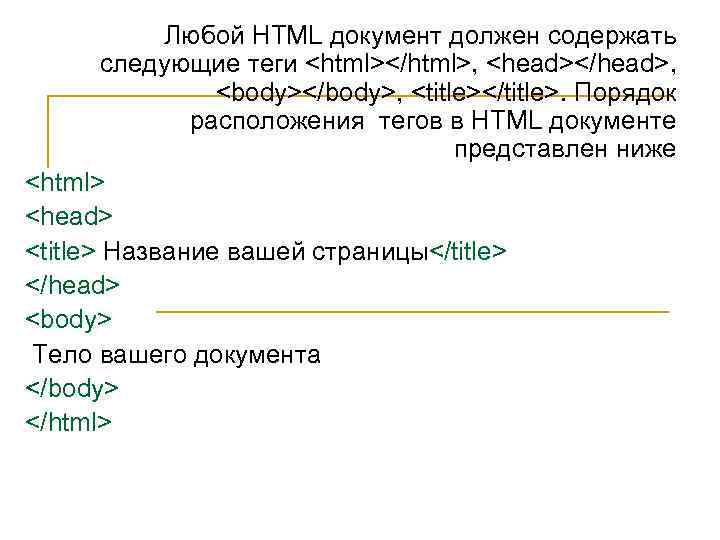 Любой HTML документ должен содержать следующие теги <html></html>, <head></head>, <body></body>, <title></title>. Порядок расположения тегов