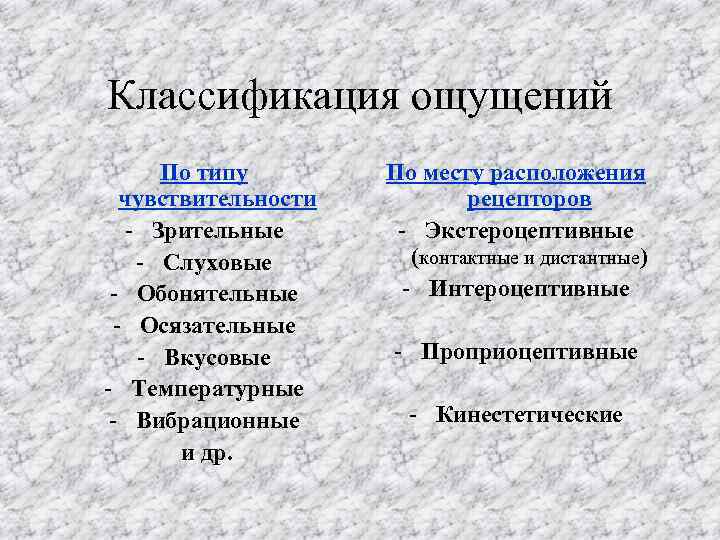 Классификация ощущений По типу чувствительности - Зрительные - Слуховые - Обонятельные - Осязательные -