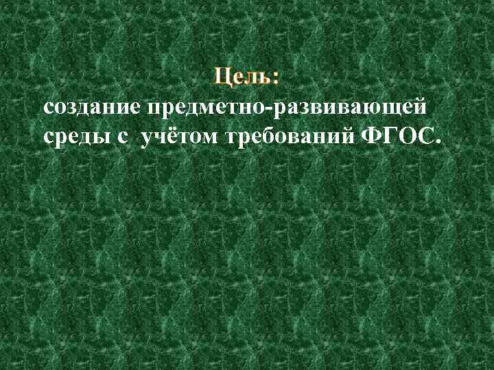 Цель: создание предметно-развивающей среды с учётом требований ФГОС. 