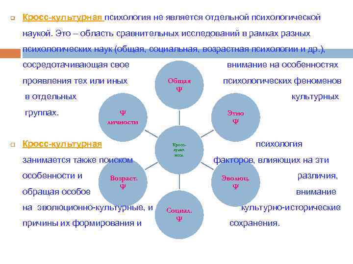 q Кросс-культурная психология не является отдельной психологической наукой. Это – область сравнительных исследований в