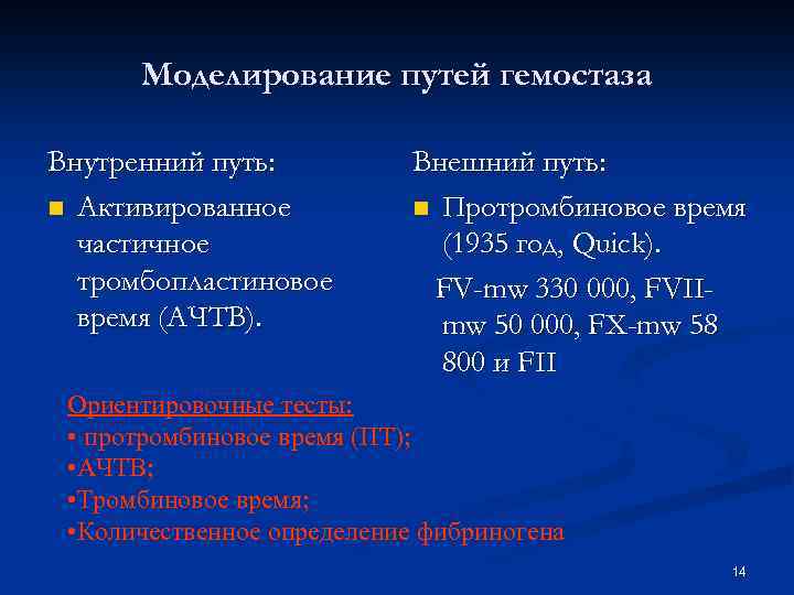 Моделирование путей гемостаза Внутренний путь: n Активированное частичное тромбопластиновое время (АЧТВ). Внешний путь: n