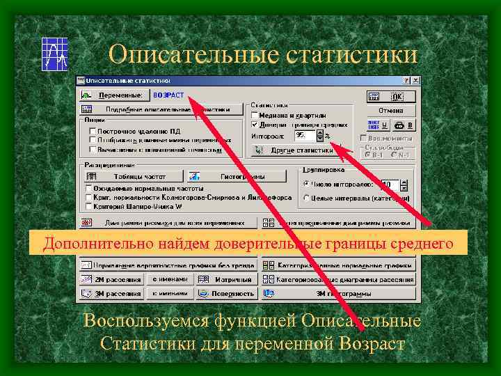 Описательные статистики Дополнительно найдем доверительные границы среднего Воспользуемся функцией Описательные Статистики для переменной Возраст