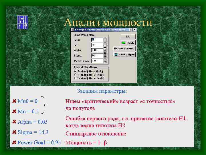 Анализ мощности Зададим параметры: Mu 0 = 0 Mu = 0. 5 Alpha =