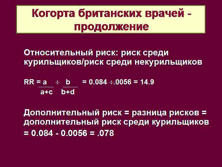 Когорта британских врачей продолжение Относительный риск: риск среди курильщиков/риск среди некурильщиков RR = a