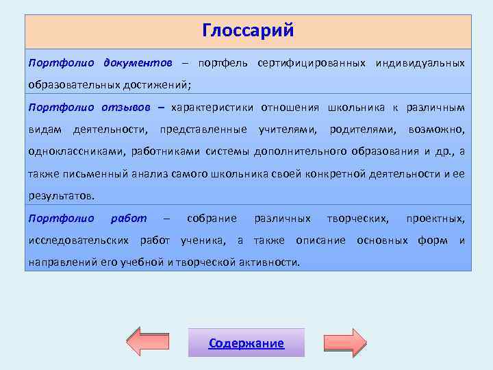 Глоссарий Портфолио документов – портфель сертифицированных индивидуальных образовательных достижений; Портфолио отзывов – характеристики отношения