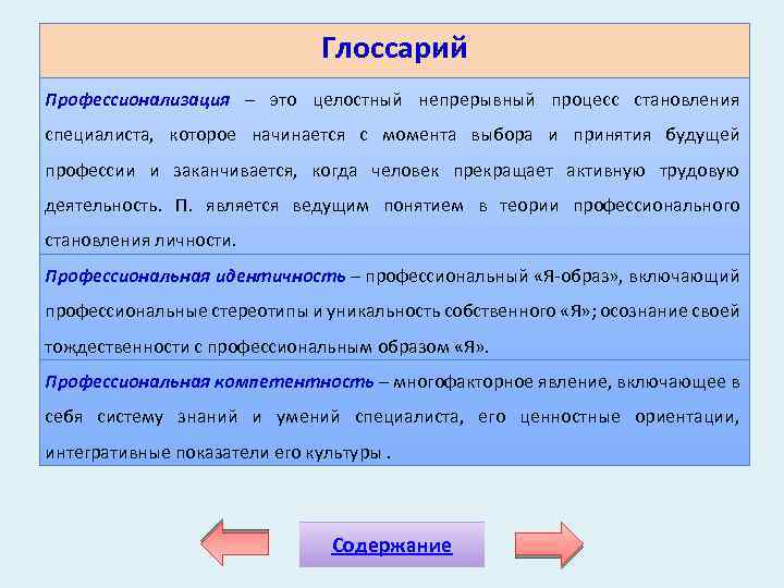 Глоссарий Профессионализация – это целостный непрерывный процесс становления специалиста, которое начинается с момента выбора