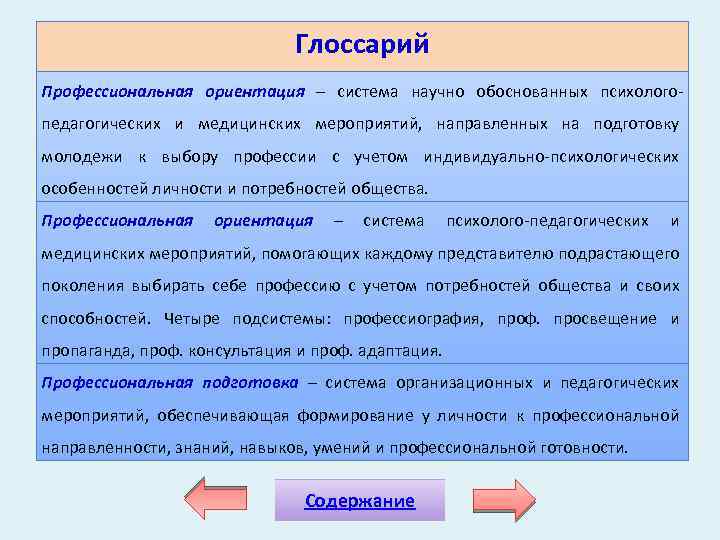 Глоссарий Профессиональная ориентация – система научно обоснованных психолого педагогических и медицинских мероприятий, направленных на