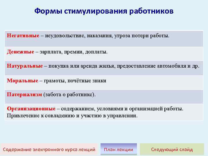 Формы стимулирования работников Негативные – неудовольствие, наказания, угроза потери работы. Денежные – зарплата, премии,