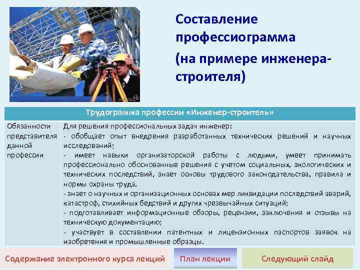 Составление профессиограмма (на примере инженерастроителя) Трудограмма профессии «Инженер-строитель» Обязанности представителя данной профессии Для решения